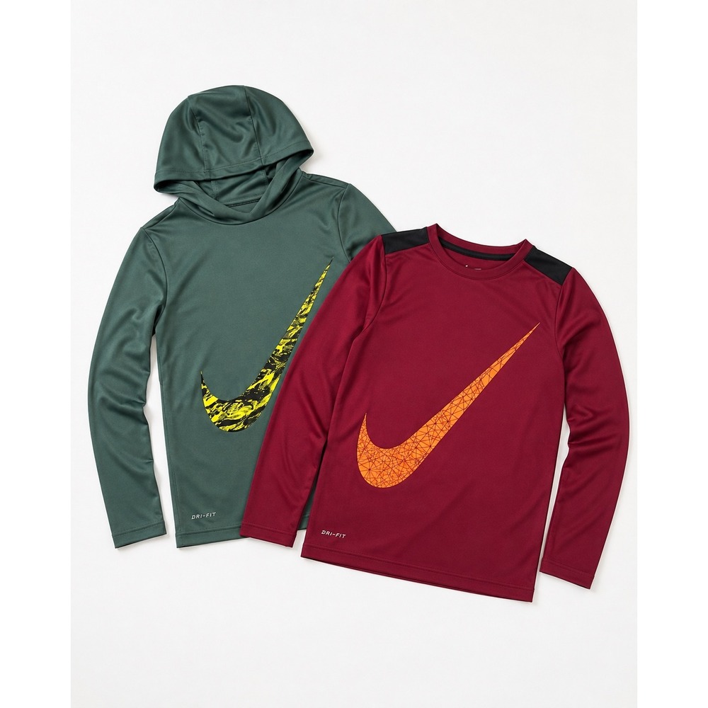 Nike Boys Youth Medium 2 Pack Dri-FIT Long Sleeve Shirts Hoodie Green Maroon